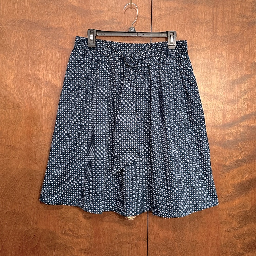 H&M Tie Waist Pull On Skirt Womens 12 Teal & Black Geo Print A-Line Cotton NWT